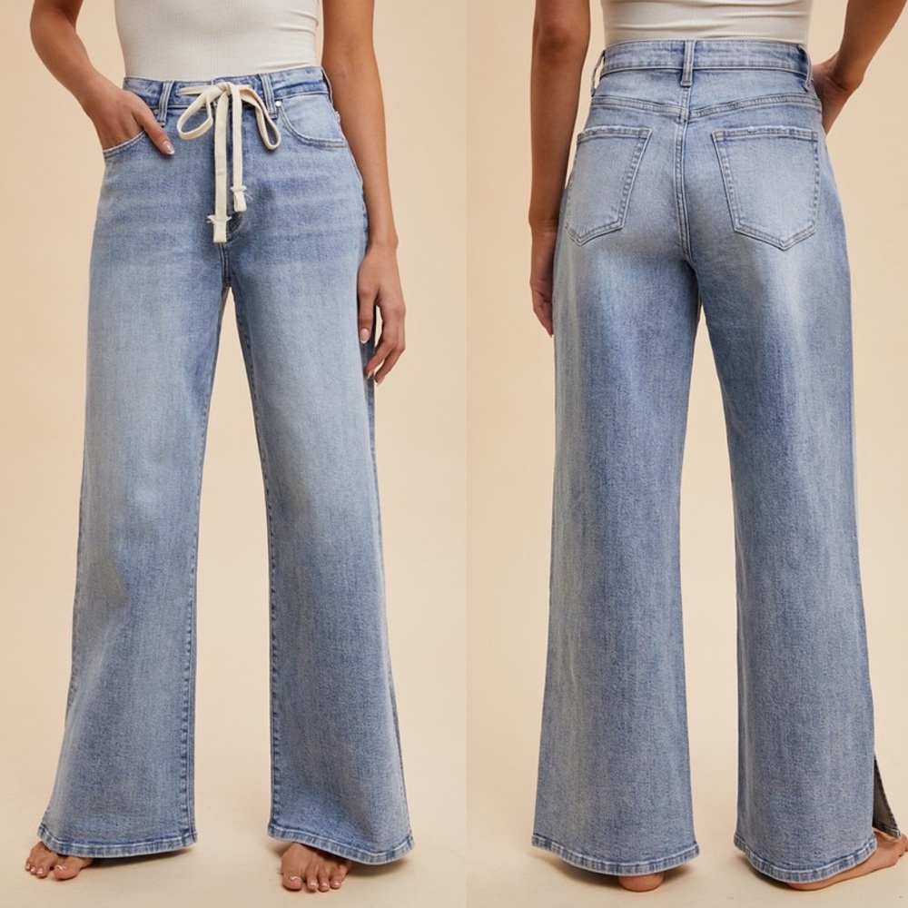 light wash drawstring barrel side slit wide leg flare denim Jean boho bohemian